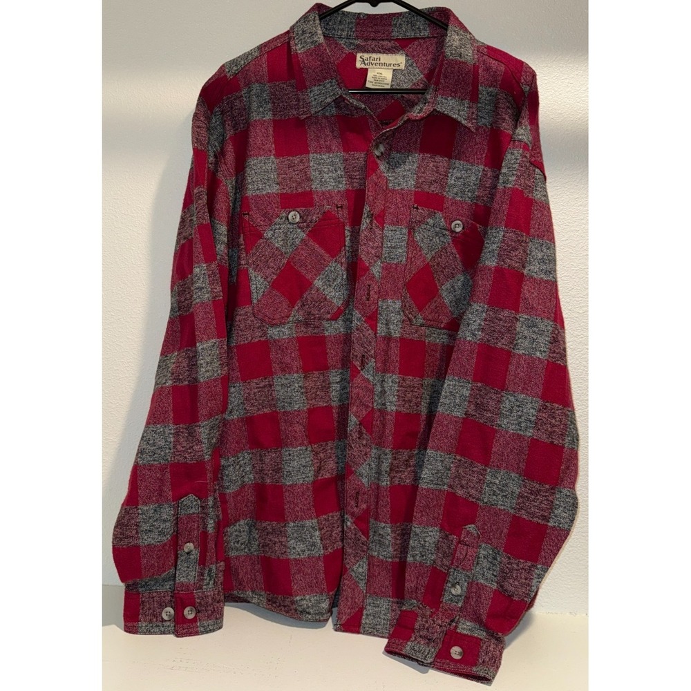 Safari Adventures Red Gray Plaid Flannel Shirt‎ Men's XXL Button Front Cotton